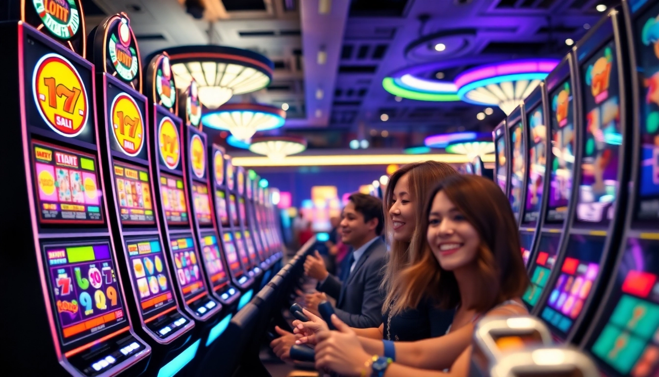 Slot mesin kasino yang penuh warna dengan pemain bersemangat di latar depan