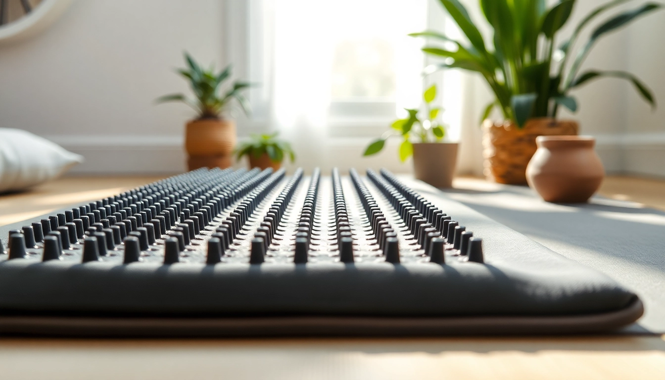 Akupressurmatte auf einer entspannenden Yogamatte mit beruhigenden Farben und Texturen.