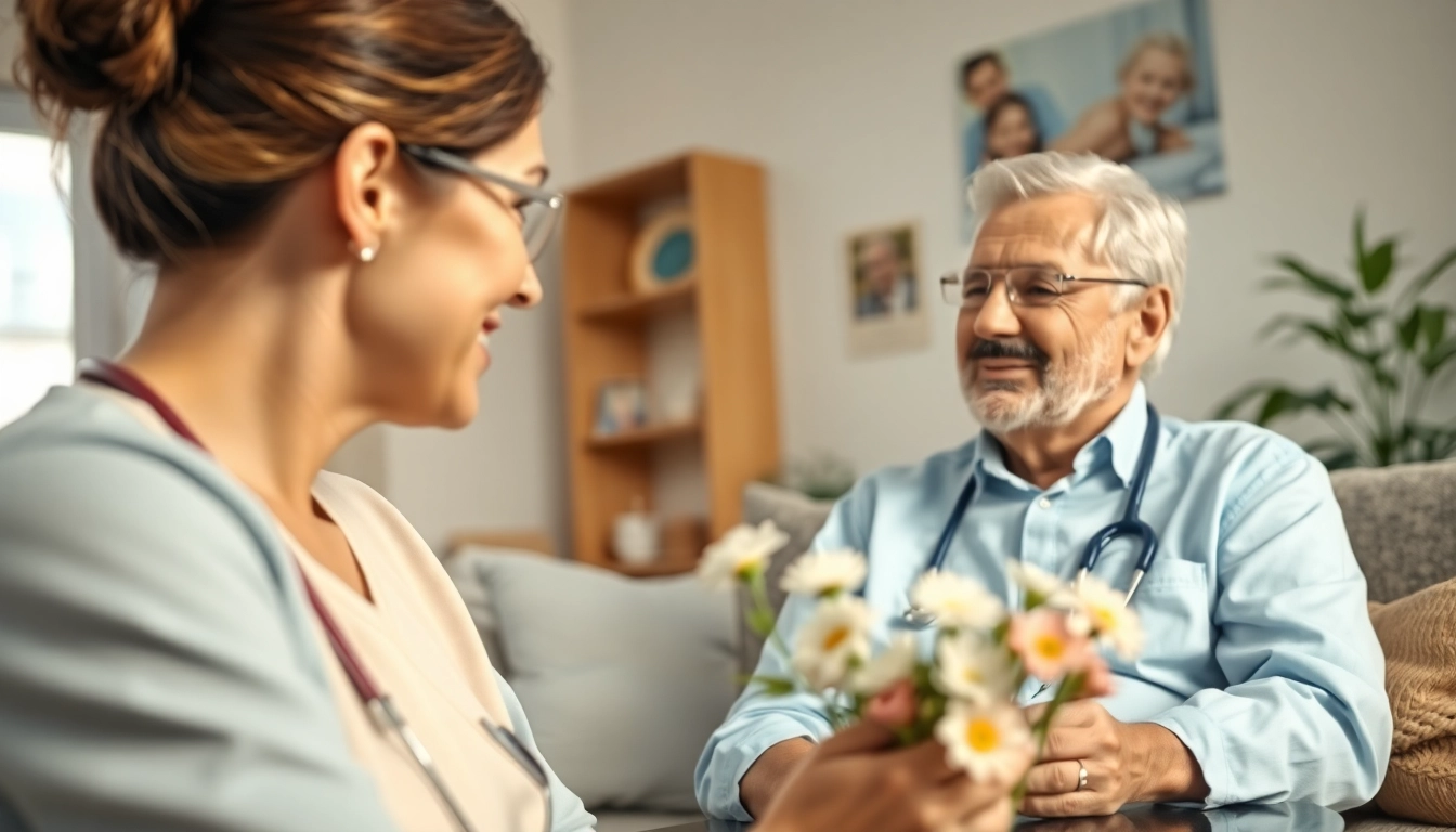 Home healthcare services with a caregiver supporting an elderly client in a warm living environment.