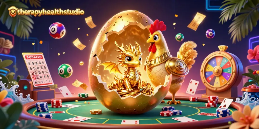 Experience the thrill of therapyhealthstudio with a vibrant poker scene featuring a golden baby dragon and poker chips.