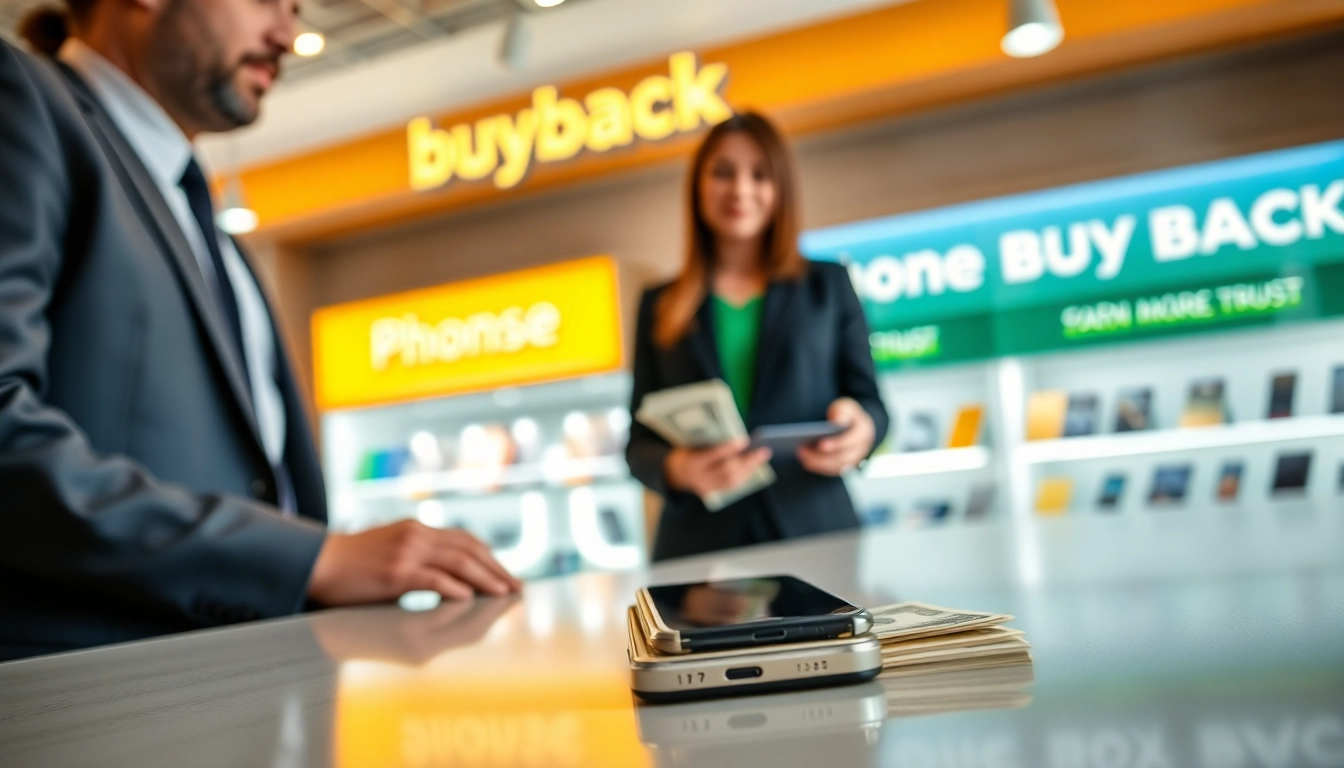 Sell phone cash Benton AR transaction with customer and staff in modern store setting.