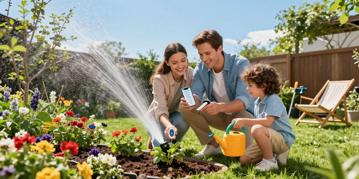 Family setting up a wifi sprinkler controller in a vibrant garden to optimize plant care.