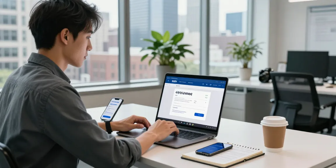 Woman using 시카고페이 on laptop in modern office with Chicago skyline view.