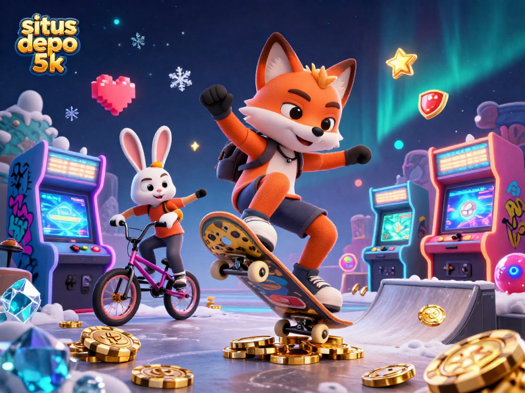 Engage with situs depo 5k casino action featuring a skateboarder fox and BMX rabbit in dynamic illustration.