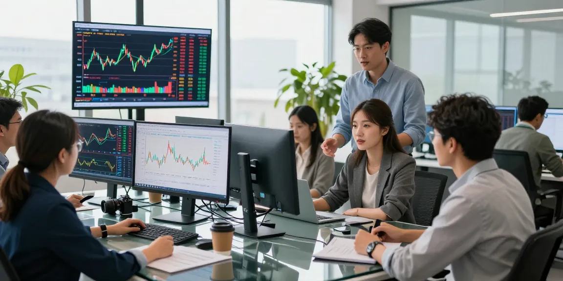 Financial analysts engaged in a vibrant trading room, analyzing the oil price live chart amid a collaborative and modern workspace.