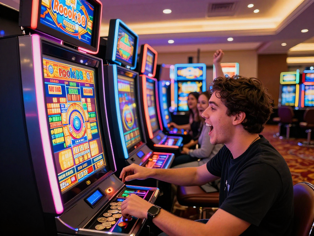 Player wins on rokok88 slot machine in a lively casino scene.