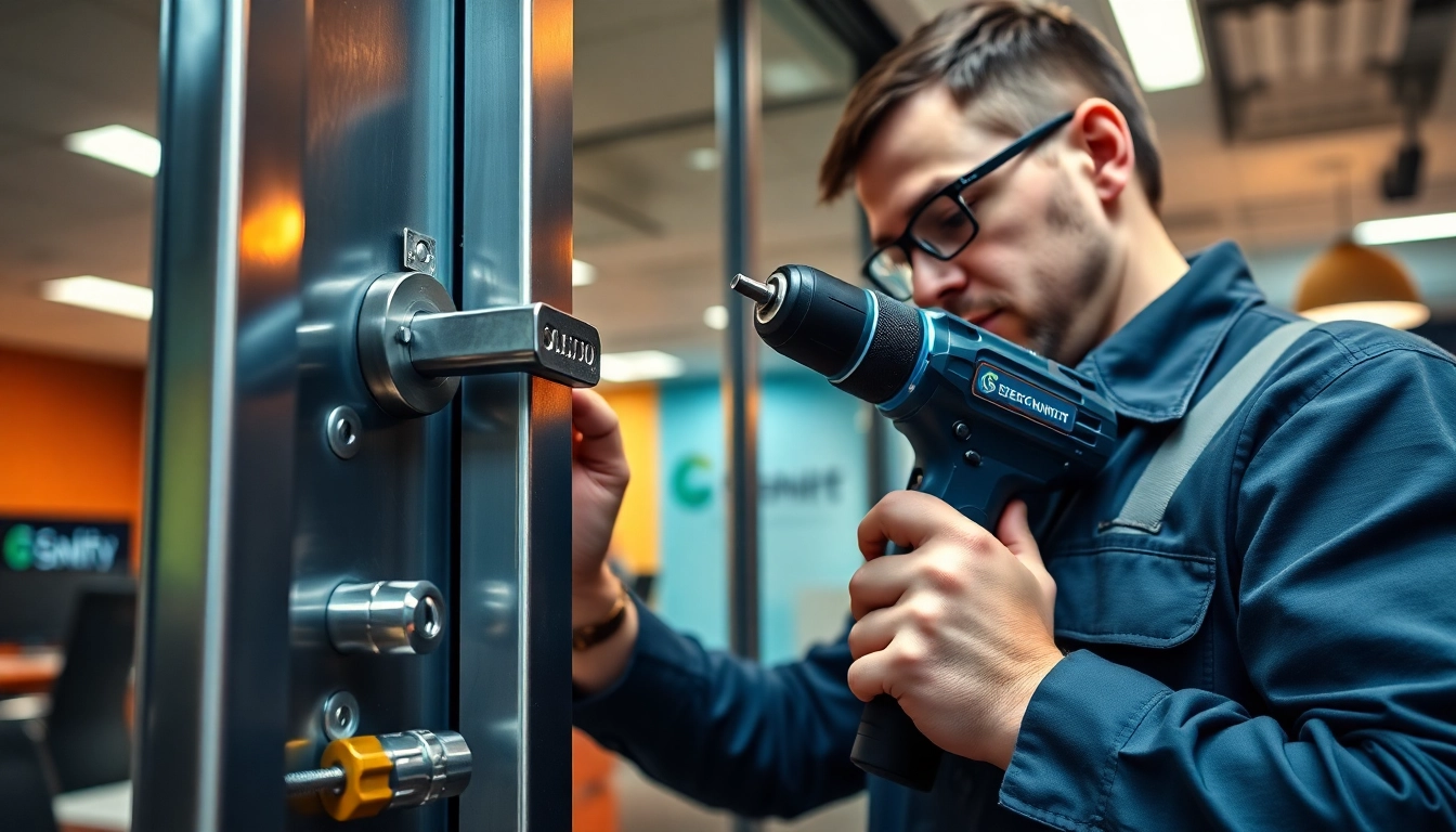 Expert Commercial Locksmiths Near Ballwin, MO installing a high-security lock in a corporate office.