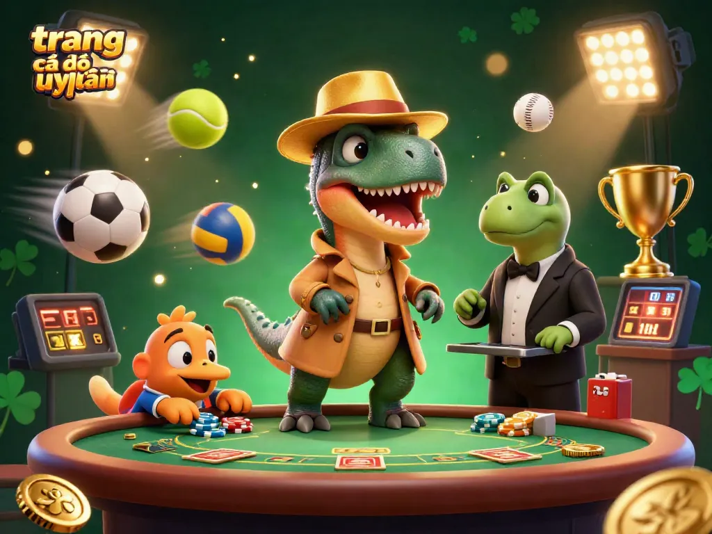 Hình ảnh minh họa trang cá độ uy tín với khủng long diễn viên và bóng thể thao trong casino.