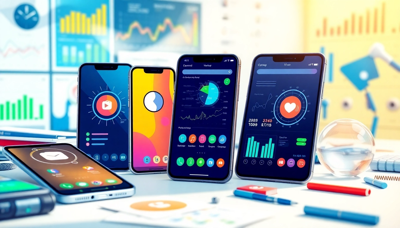 Showcasing innovative ai apps on smartphones within a vibrant workspace environment.