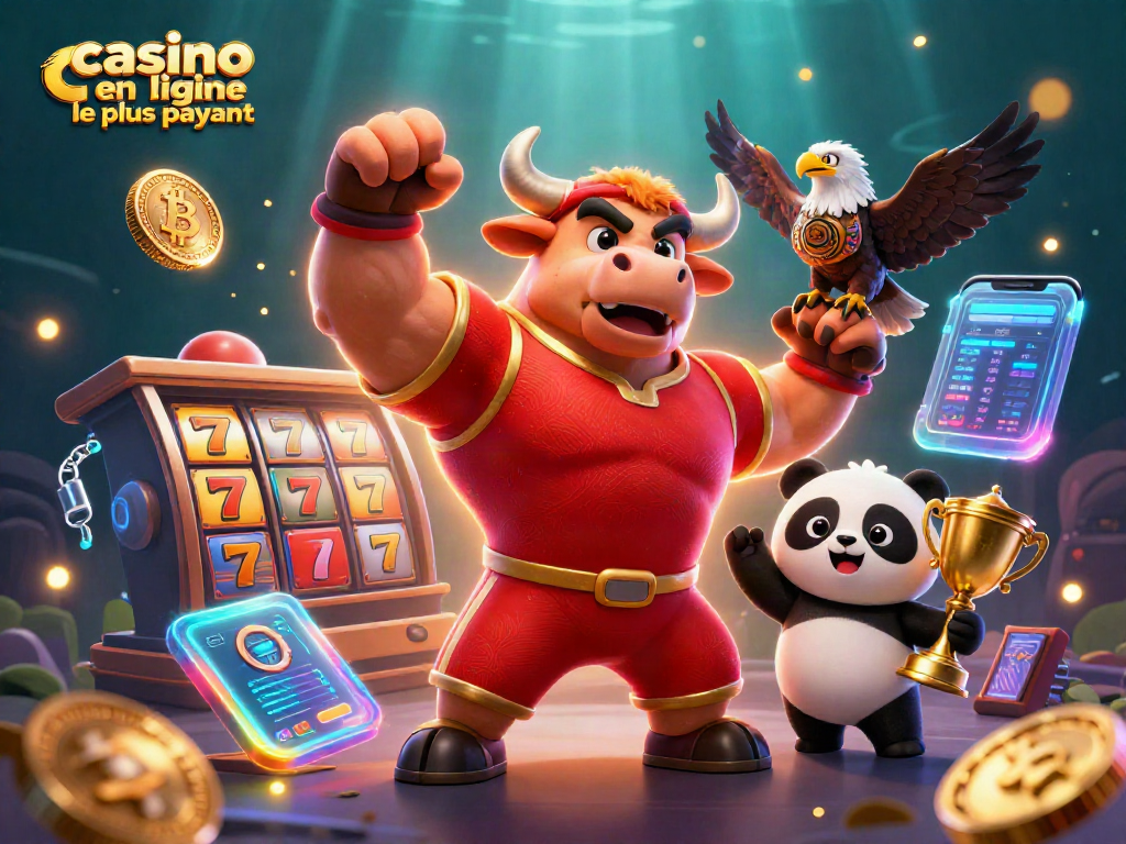 Jouez au casino en ligne le plus payant avec un taureau musclé, un aigle fier et un panda heureux remportant un trophée.