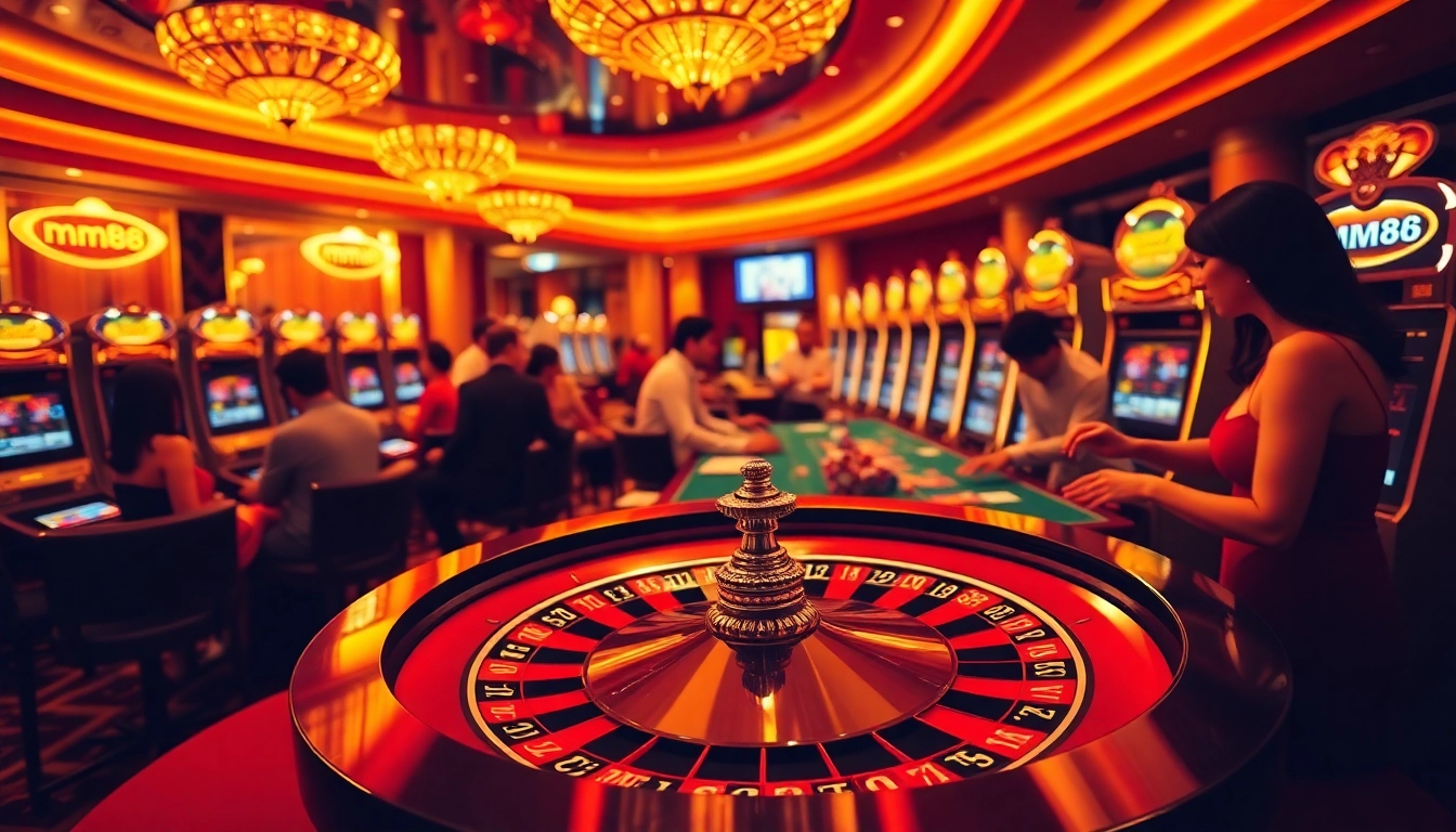 Exciting casino scene with players at mm88 roulette, chips, and cards.