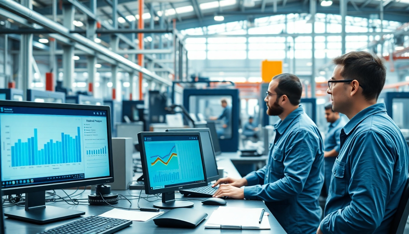 Workers engaged with production planning software for manufacturing on computers amidst a busy factory environment.