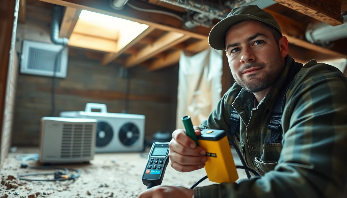 Crawl Space Restoration in action, highlighting a contractor using tools to restore a crawl space.