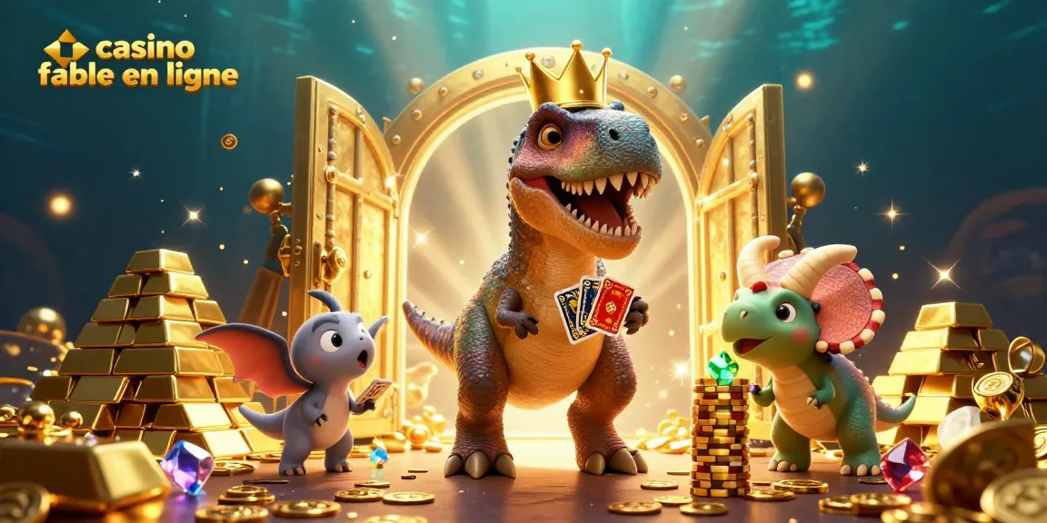 Découvrez le casino fiable en ligne avec des créatures préhistoriques jouant aux cartes et empilant des jetons d'or.