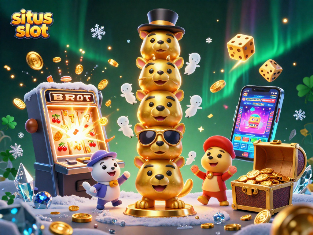 Permainan situs slot dengan mesin slot 3D yang memancarkan koin dan simbol keberuntungan.