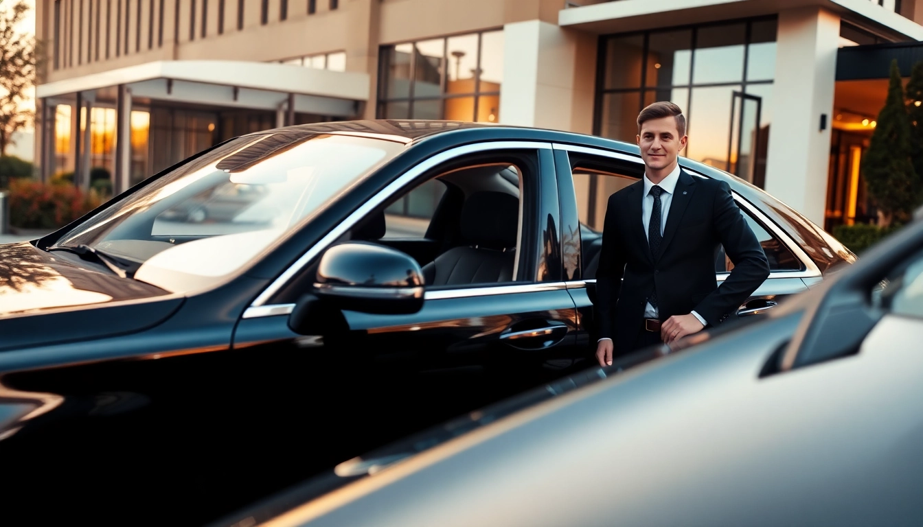 Experience premium Chauffeur Hire Nottingham with a professional waiting outside a luxury vehicle.