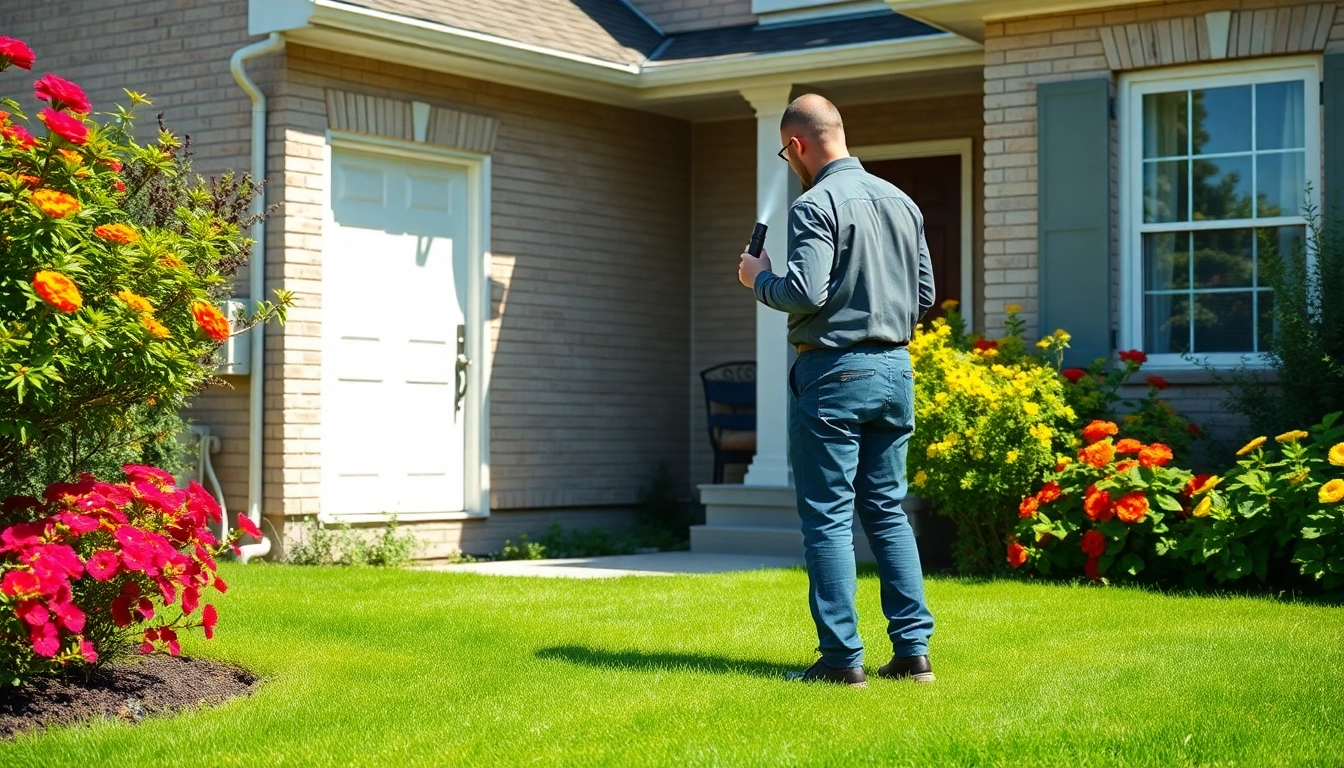 Nearby pest inspection technician assessing a residential property in a lush garden setting.