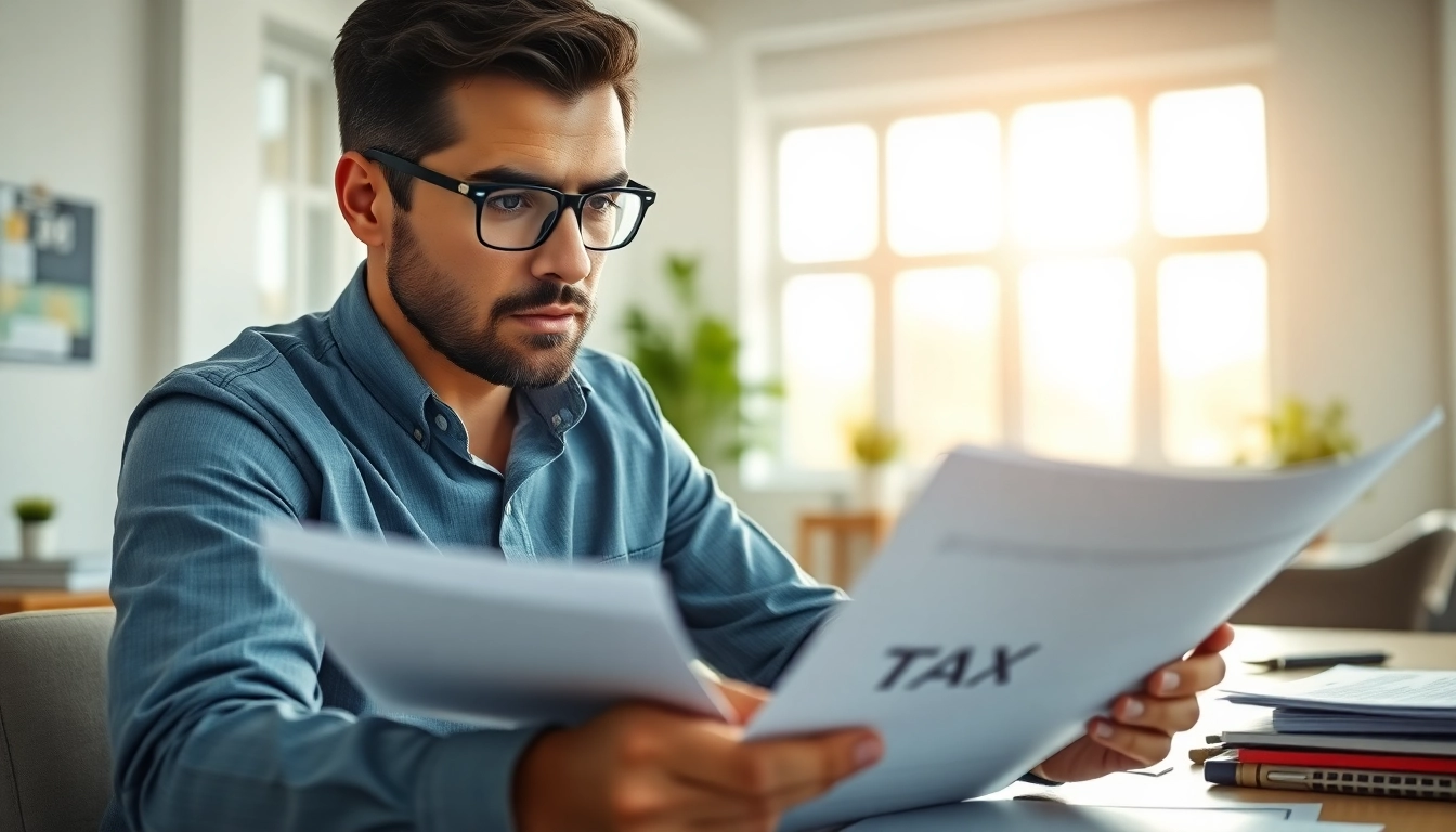Accountant focused on preparation during tax season with documents in a bright setting.