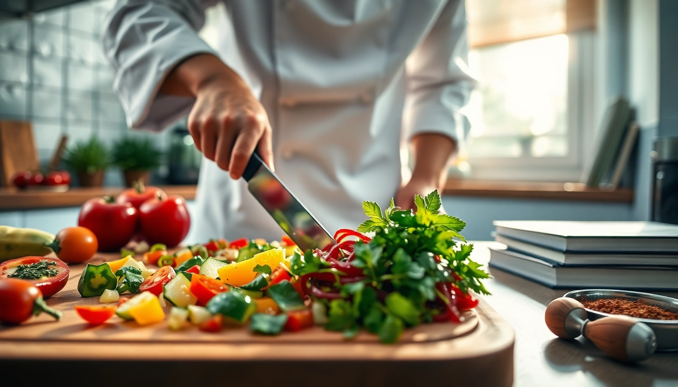 Showcasing dish facts through a chef preparing a colorful, vibrant meal with fresh ingredients.
