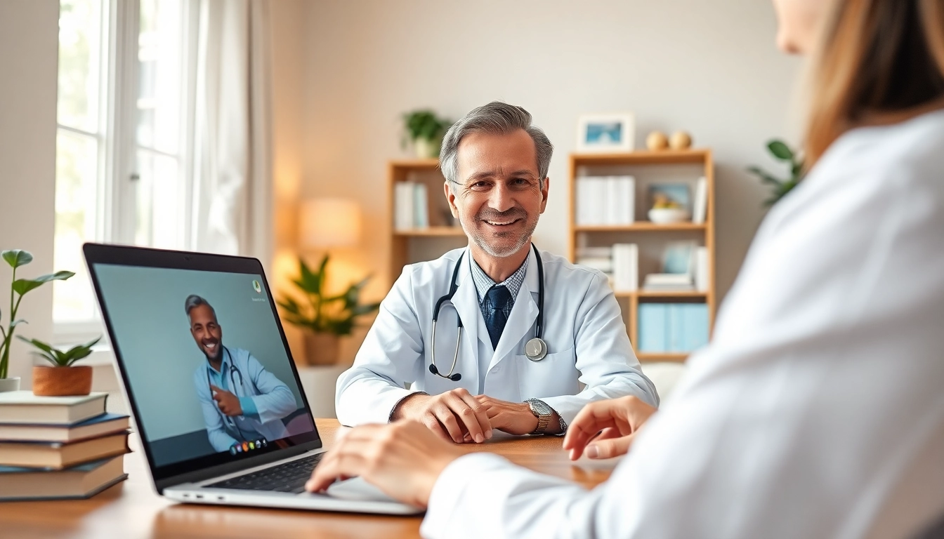 Engaging fast telehealth consultation online with a doctor in a welcoming home office environment.