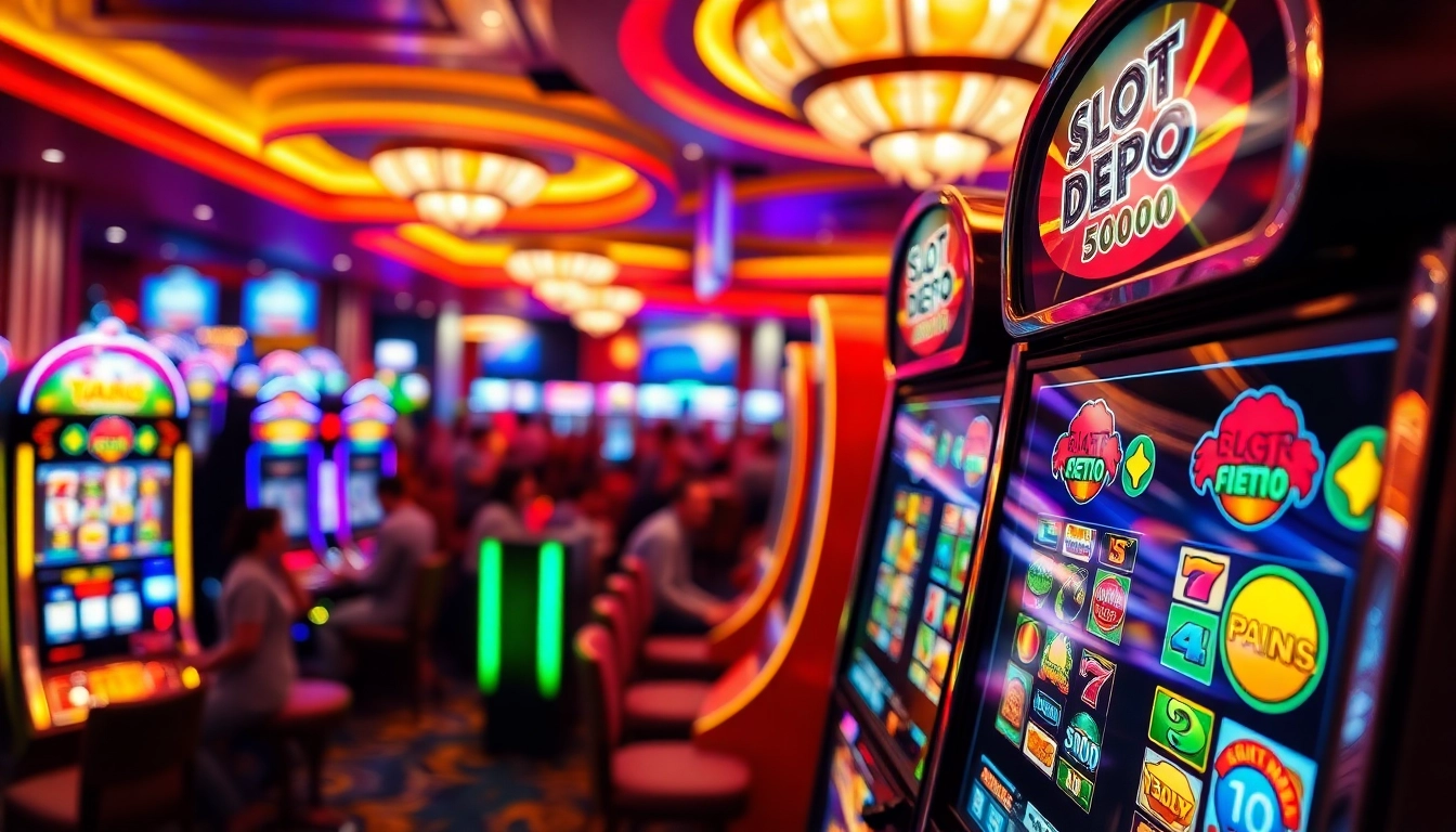 Menang besar di Slot Depo 5000 dengan mesin slot berwarna-warni menghiasi kasino.