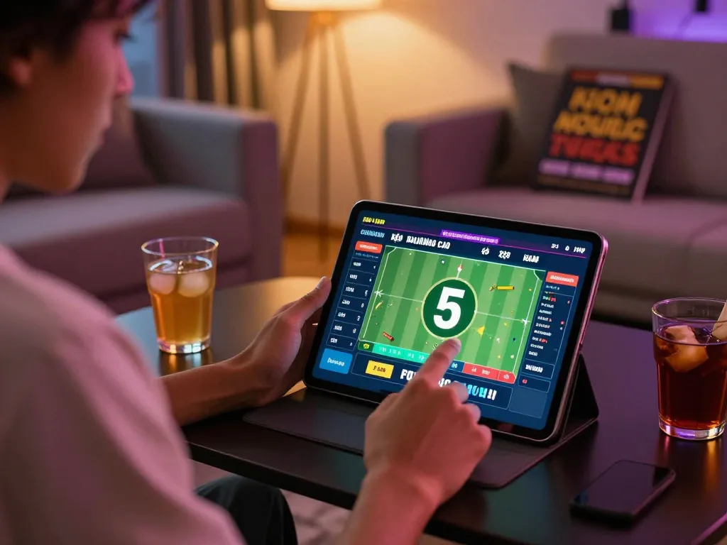 Engaging in sports betting on tablet displaying kèo nhà cái 5 with warm home atmosphere.