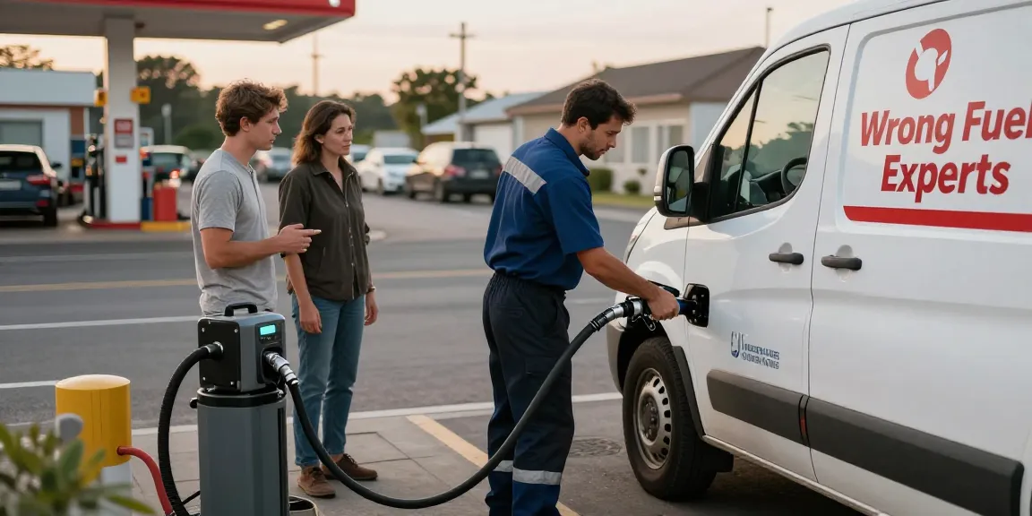 Diesel in petrol car being drained by a professional technician at a roadside service, showcasing effective fuel recovery.