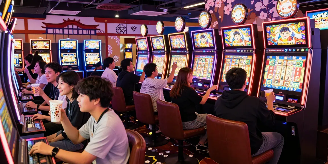Players enjoying slot jepang at a vibrant casino with cherry blossom themes and bright lights.