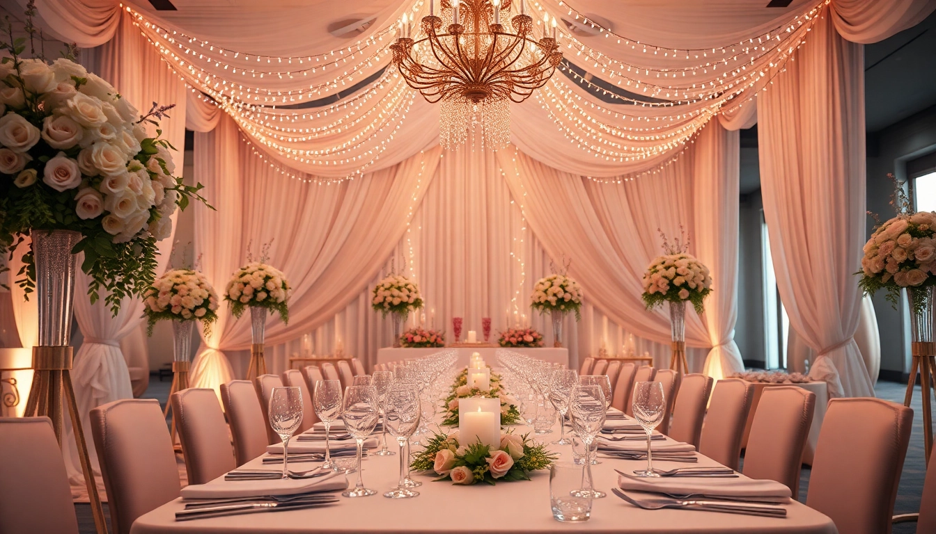 Im Hochzeitsaal glänzen majestätische Fliederblüten und festliche Dekoration, eine perfekte Feier.