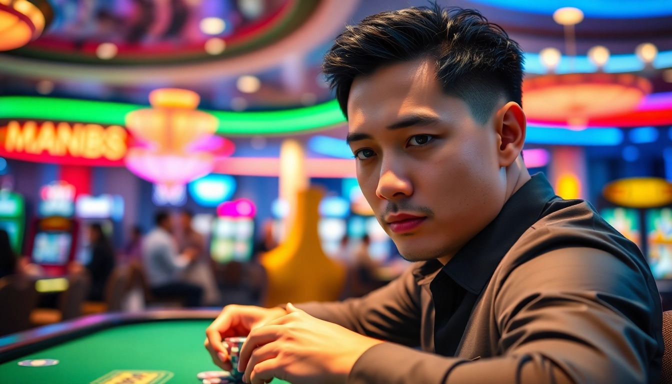 Engaging MM88 casino scene featuring a male gambler focused on a poker game.