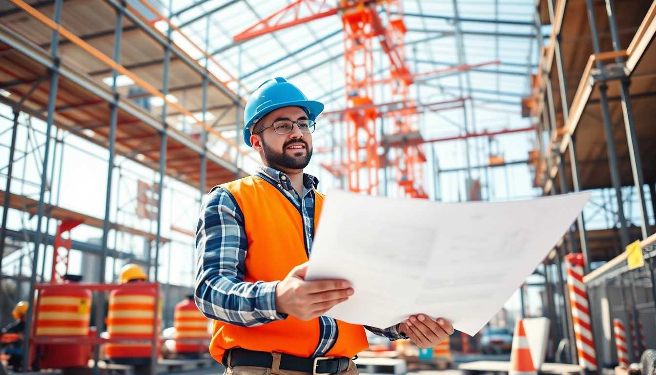 New Jersey General Contractor inspecting blueprints at a vibrant construction site.