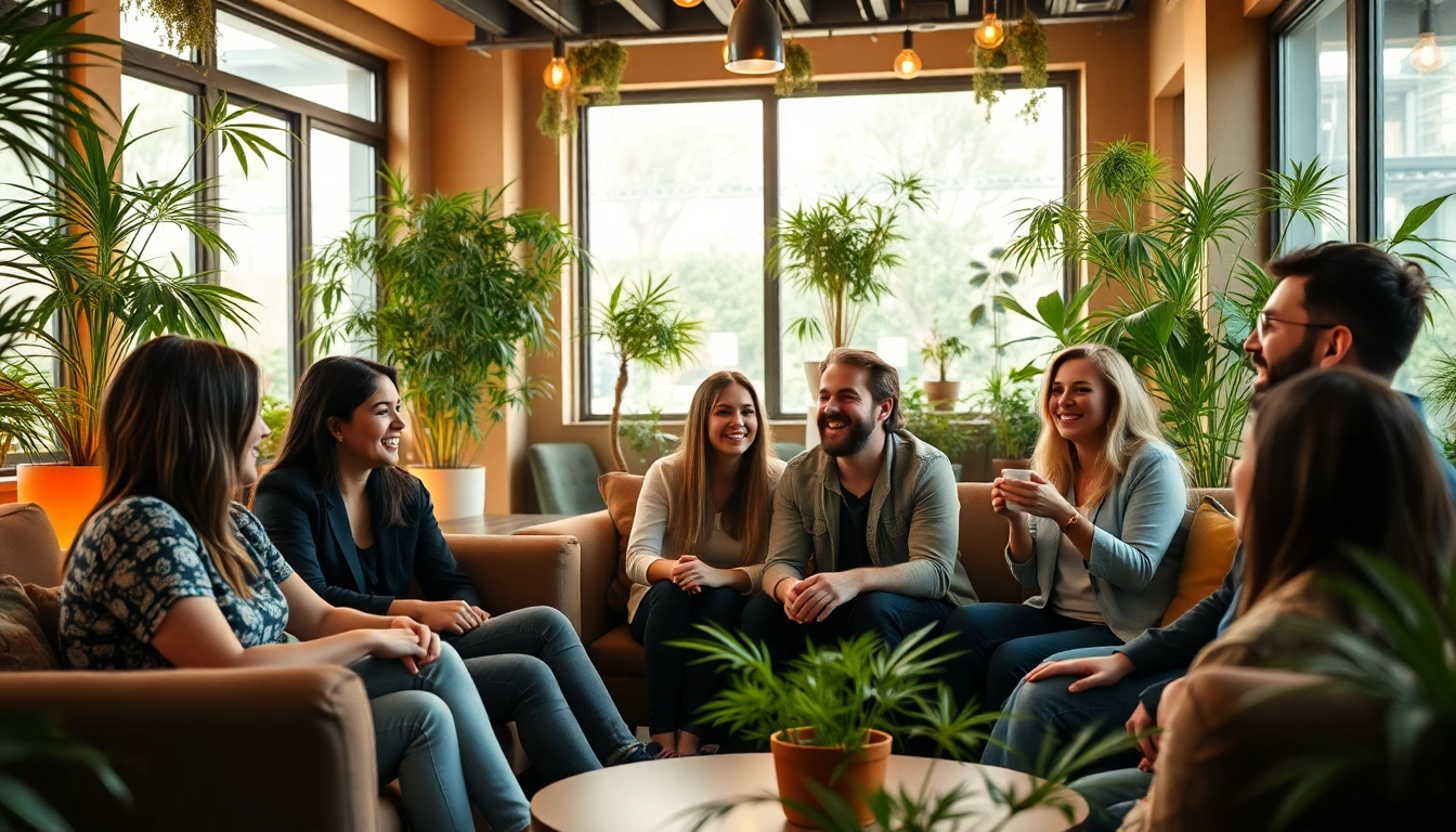 Besucher genießen die entspannte Atmosphäre im cannabis club hamburg, umgeben von Pflanzen und gemütlicher Einrichtung.
