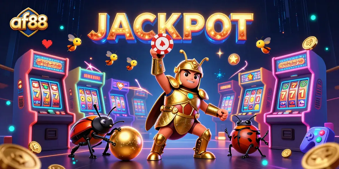 af88 showcases a heroic beetle lifting a poker chip in victory amidst colorful casino elements.