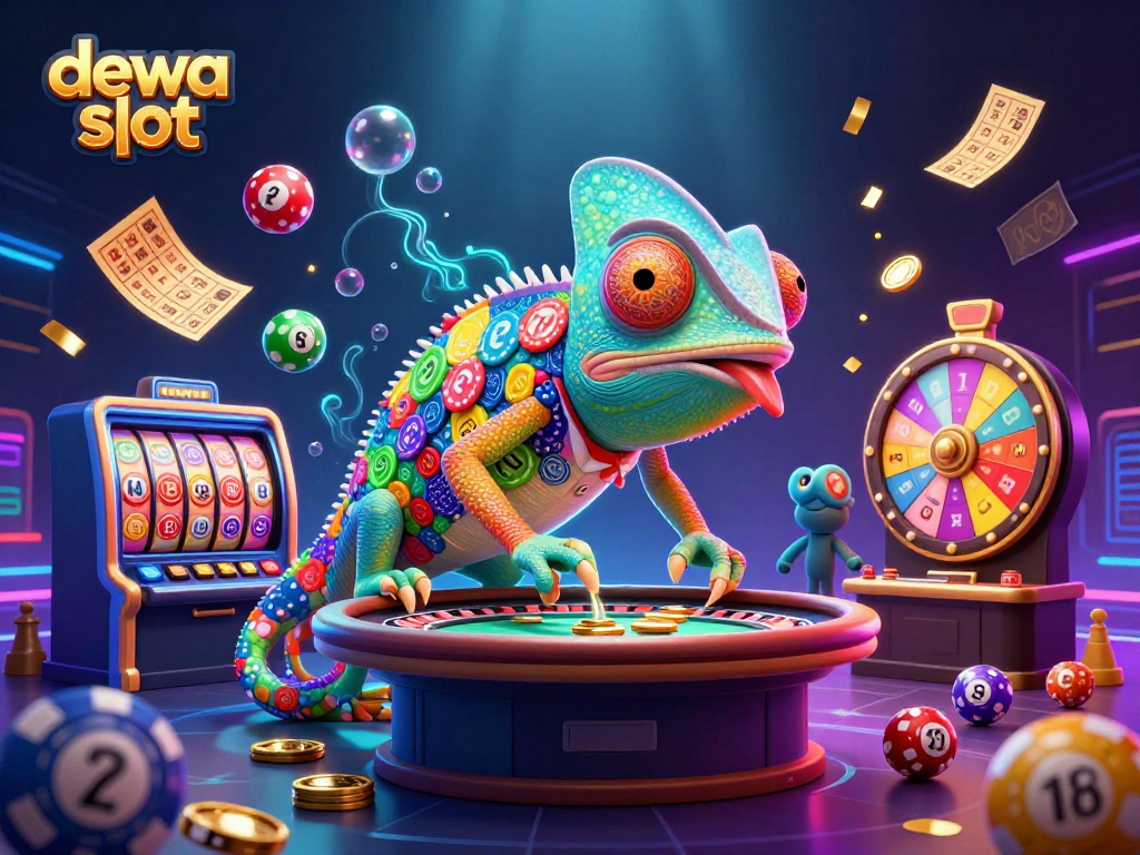 Permainan dewa slot terlihat ceria dengan karakter kasino dan bola lotere yang berwarna-warni.