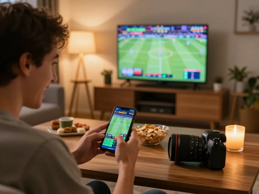 Engaging moment placing bets on online casinos in Canada reddit with smartphone in cozy living room.