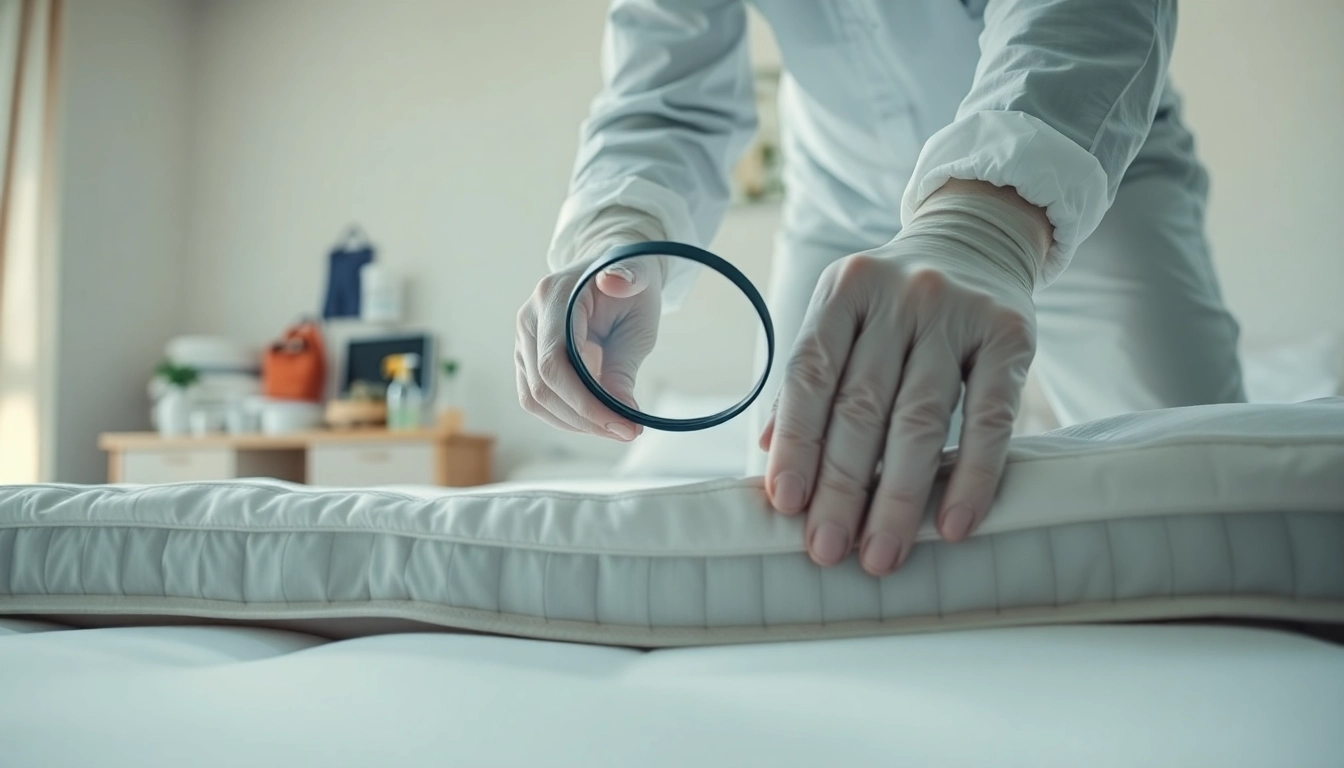 Technician performing bed bug removal by inspecting a mattress with a magnifying glass.