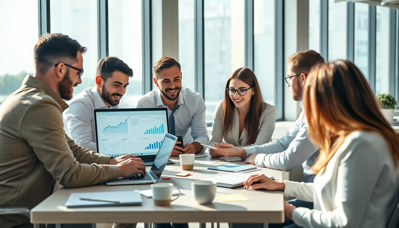 Track content engagement analysis with a professional digital marketing team collaborating in a bright office.