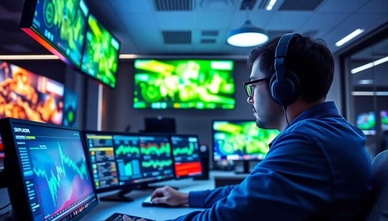 IPTV reseller analyzing data in a modern office setting with vibrant streaming visuals.
