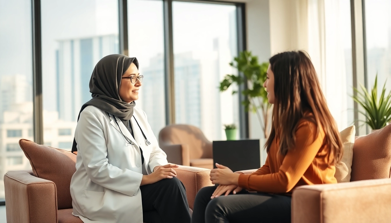 Psychiatrists in Dubai providing supportive mental health consultation in a serene office environment.