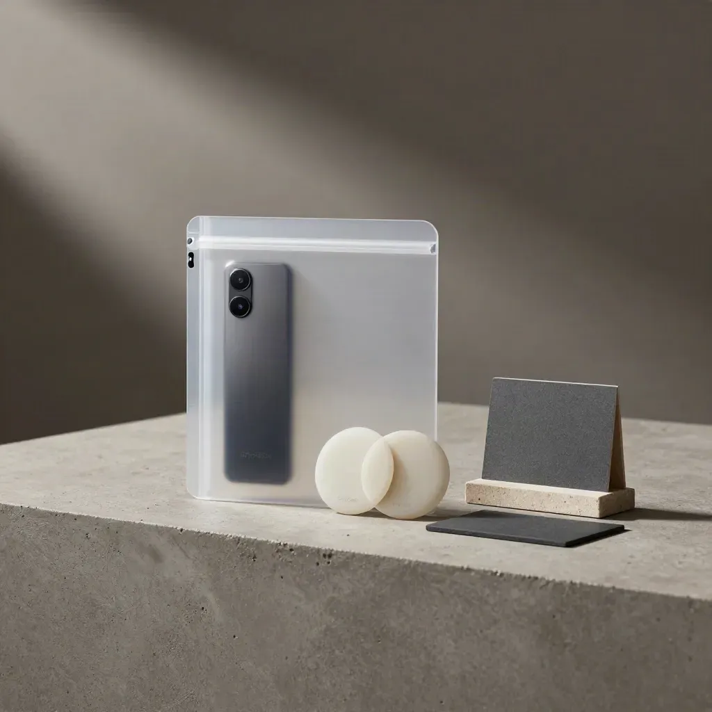 Crypto alert kit on brushed concrete with sleeve, module, and two data pucks in soft daylight.