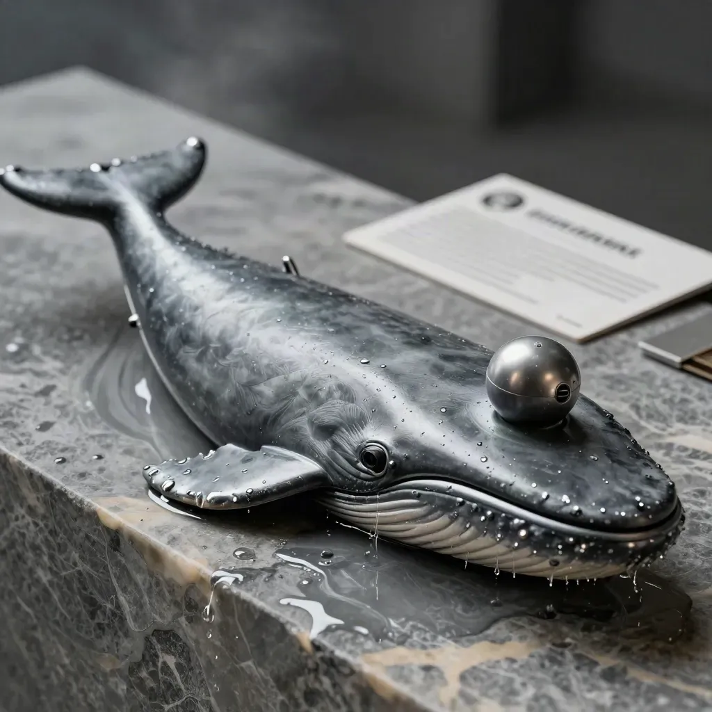Graphite crypto console slab on wet stone with mist and two token pods