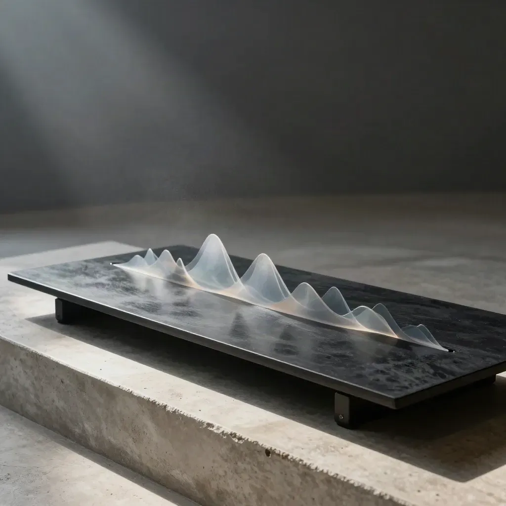 Charcoal on-chain board with translucent fins on a concrete ledge, lit by soft daylight.