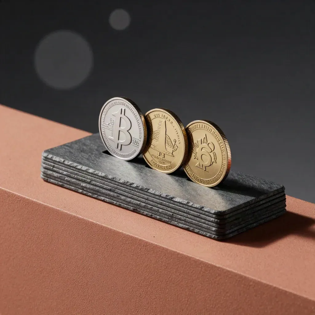 Altcoin watch-list dock with slate tabs and three coin markers on a terracotta plinth.