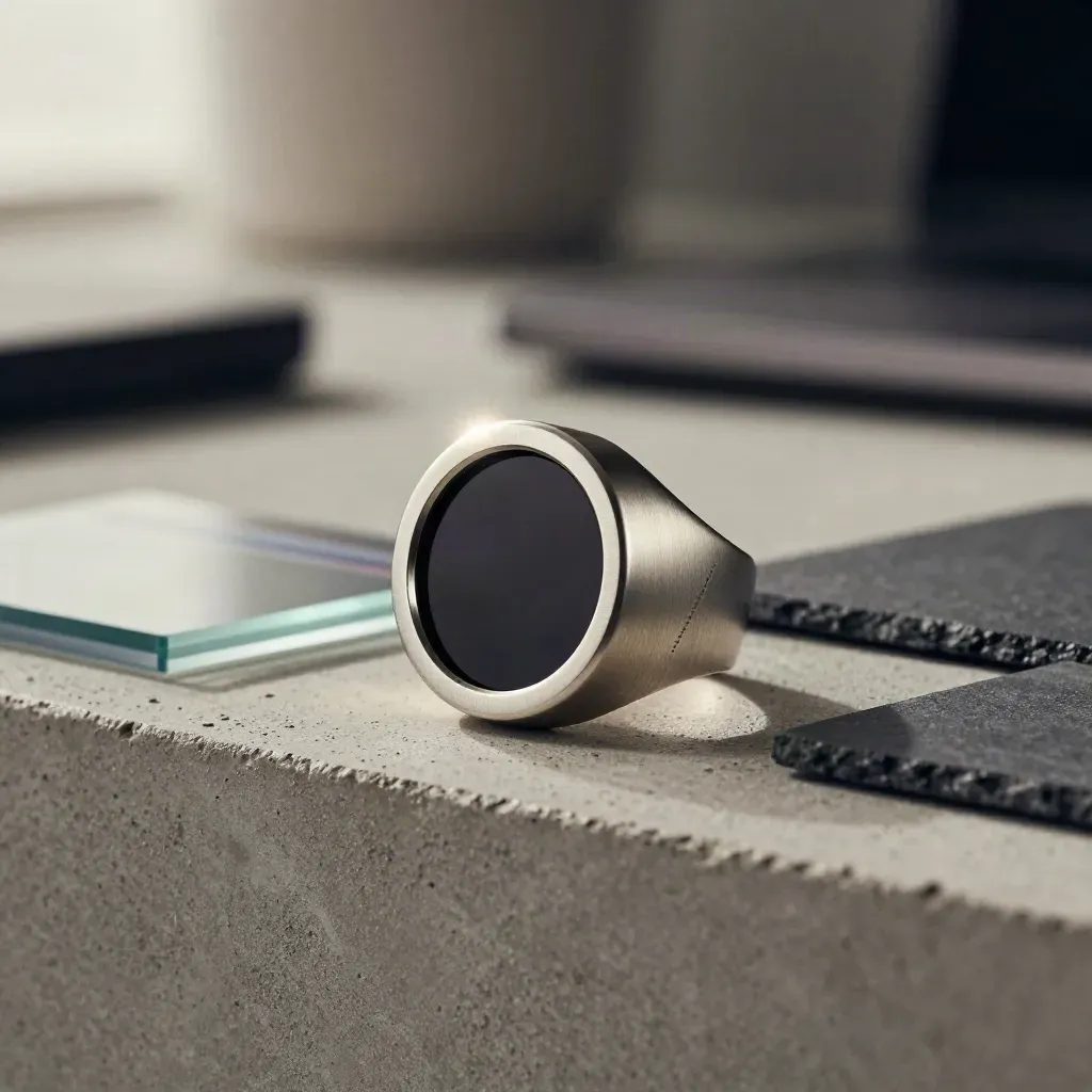 Matte silver ETH flow ring with two blocks on a concrete shelf in soft haze