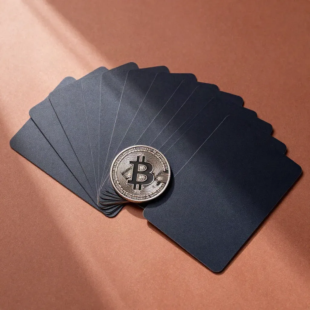 Unbranded crypto research cards, folded screen tile, and metal markers on terracotta clay.