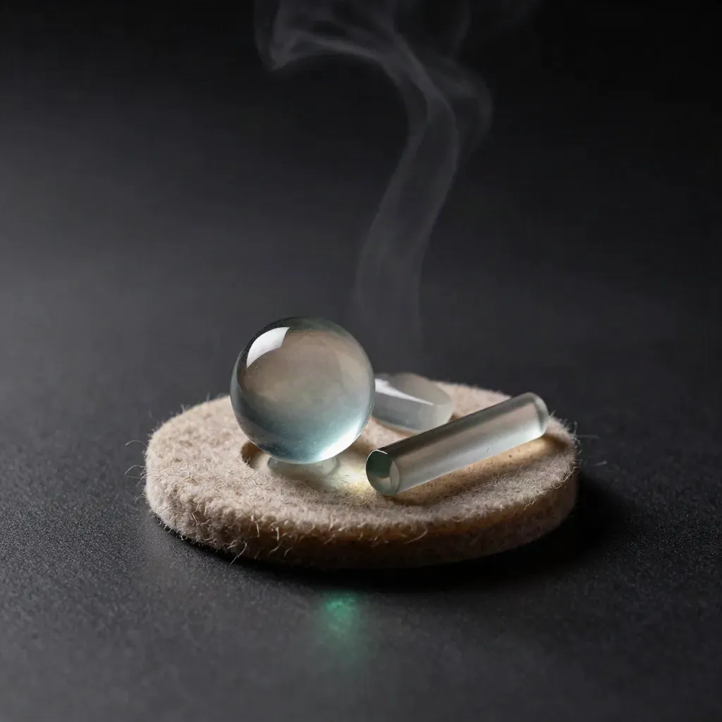 Translucent sentiment module with orb and glass strip glowing cyan in a dark studio