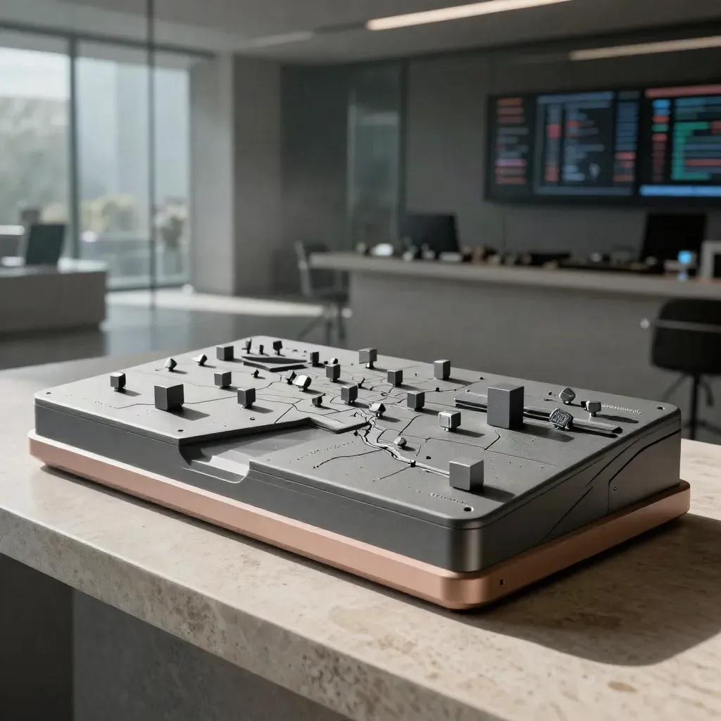 Slate-gray market breadth map console with layered panels and rising cubes in a luxe crypto setting.