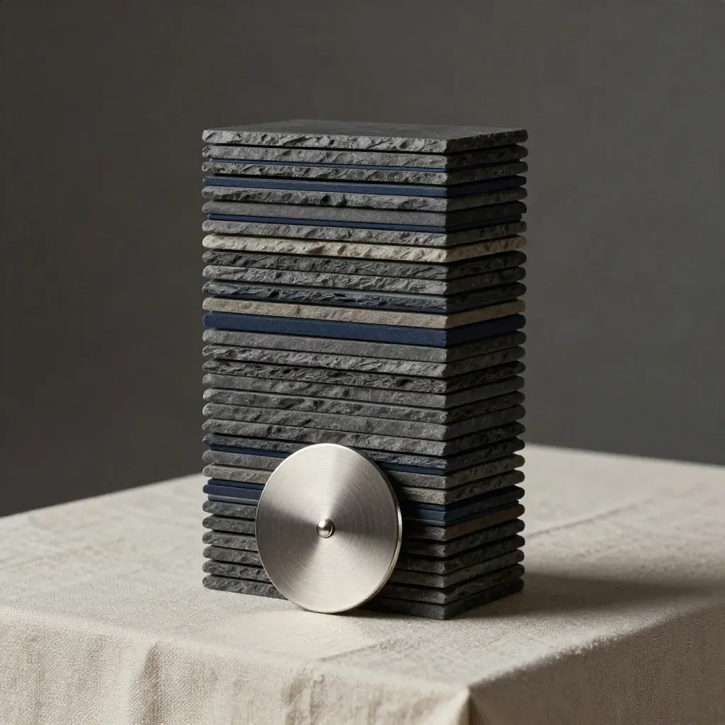 Matte portfolio scan tiles stacked with a brushed-metal disc on pale linen.