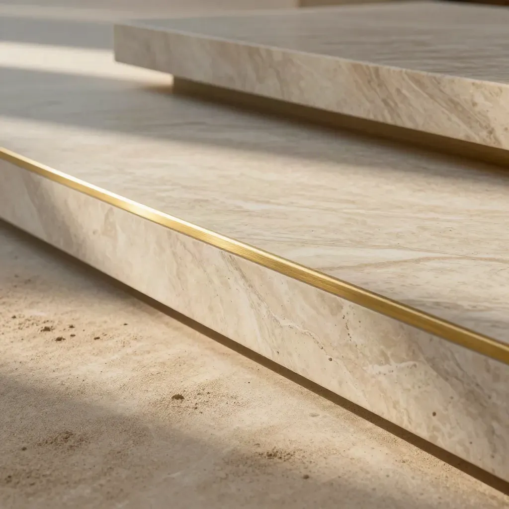 Travertine ledges and a brass edge in warm noon light with calm copy space