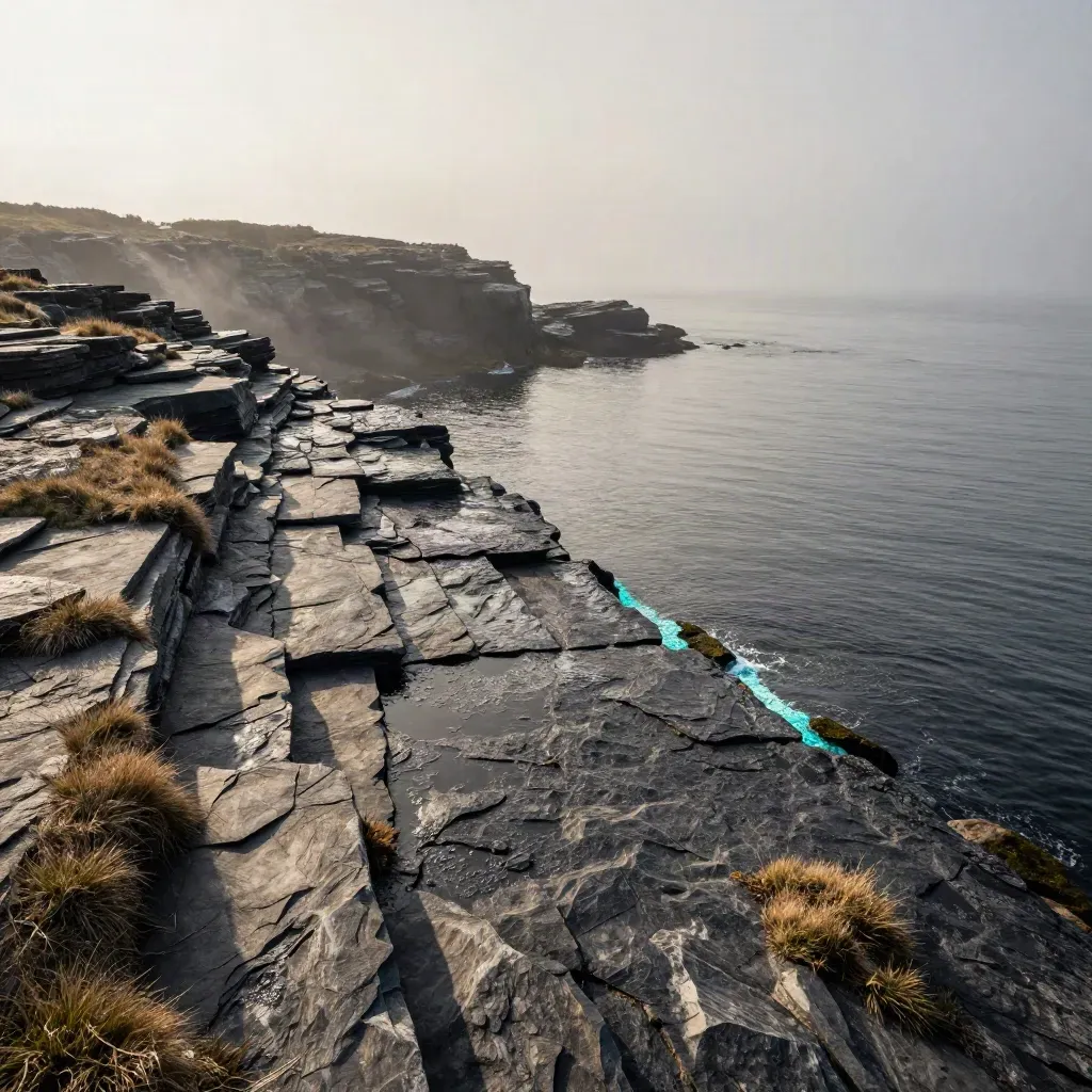 Misty coastal rock shelf above dark water, salt grass and spray, calm copy space below.